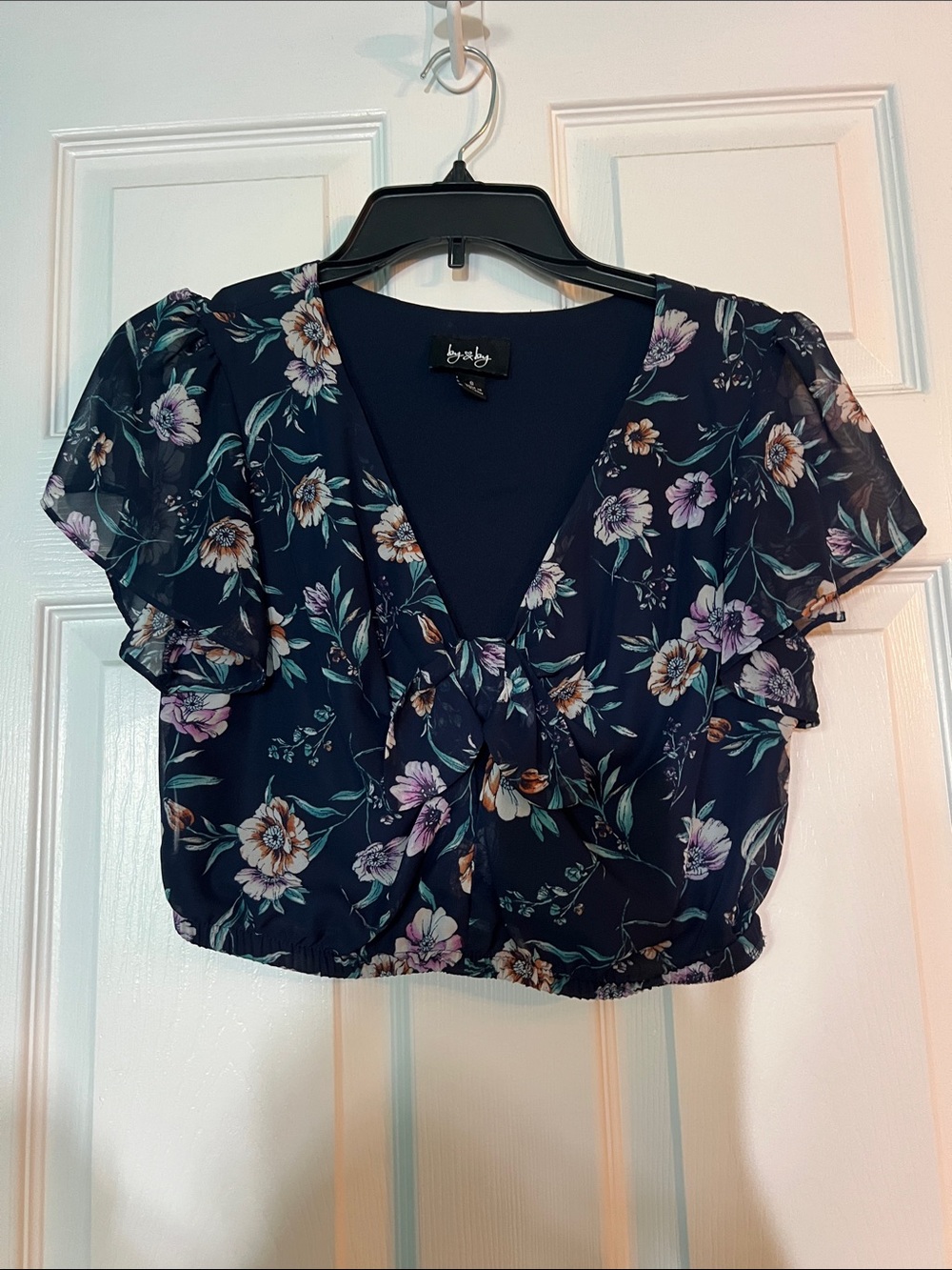 By By SET : Navy Floral Tie-Front Chiffon Ruffle Sleeve Top with Flowy Skort